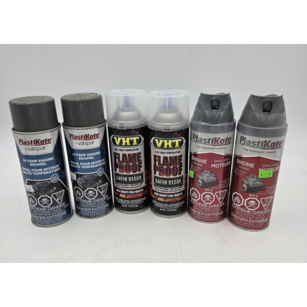 Six Brand New 11oz Cans Of Spray Paint- 2 Valspar High Temp Gray, 2 VHT High Temp Clear, & 2 Plastik