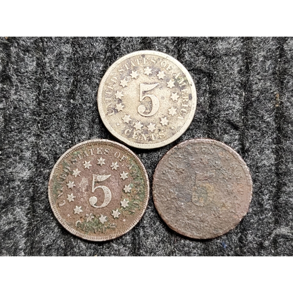 Three Assorted United States Shield Nickels ~ Dates & Conditions Vary ~ VERY NICE 1868!