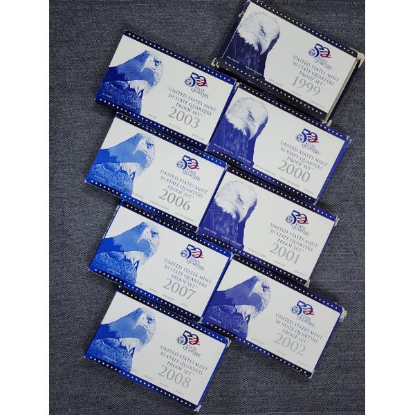 8 Assorted United States Mint 50 State Quarters Proof Sets - 1999-2003 & 2006-2008