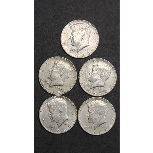 (5) 1967/1968 40% Silver Kennedy Half Dollars - Face Value: $2.50