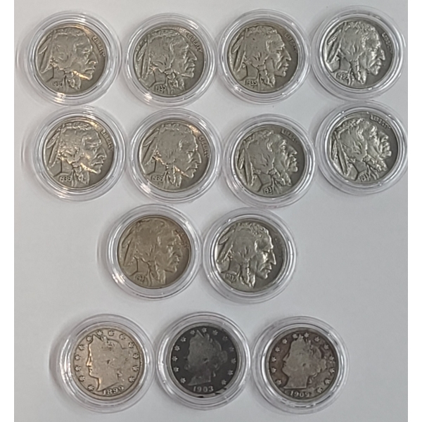 Assorted Years United States Buffalo & Liberty Head "V" Nickels In Coin Capsules - Face Value: $0.65