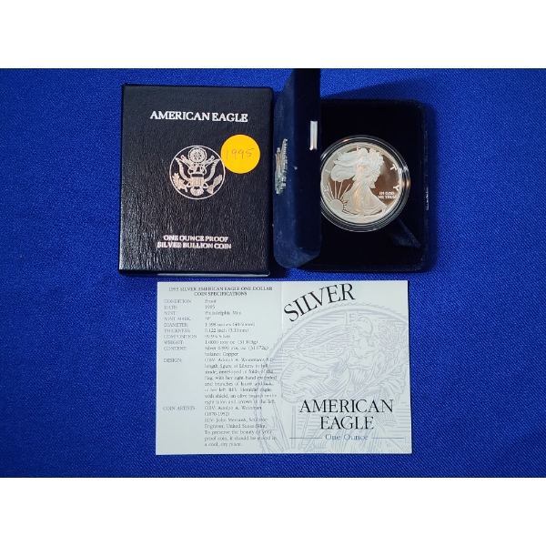 1995-P Silver American Eagle Proof $1 - 1 Troy oz .999 Fine Silver w/ Box & CoA