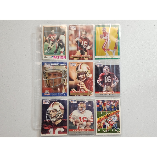 x9 Joe Montana Football Cards Including 1982 Topps, and Early 90's