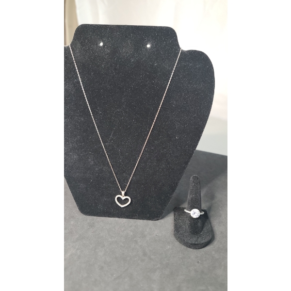 Women's Sterling Silver Ring With Clear Stones Size 6 & Sterling Silver Heart Necklace - Weight 5.3g