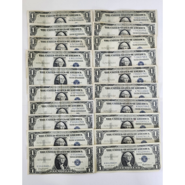 Lot of 20 United States Blue Seal $1 Silver Certificates - Face Value $20.00