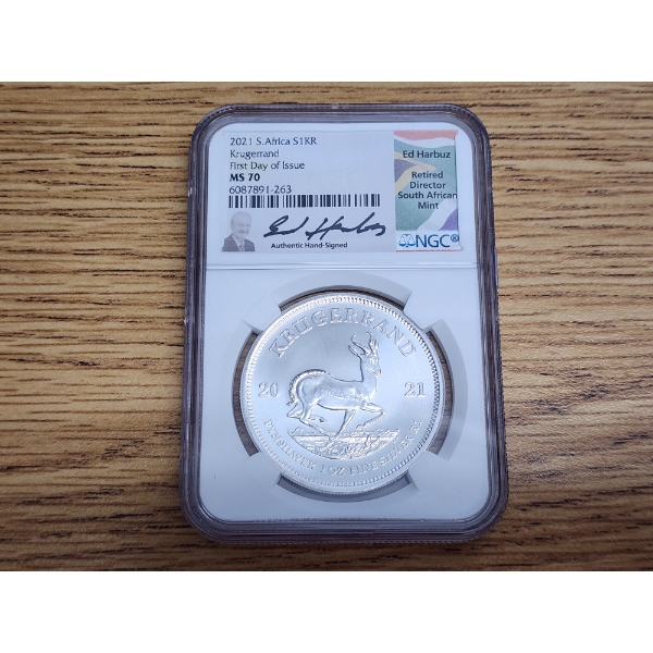 NGC MS70 2021 South African Krugerrand - FDOI - Signed - 1 oz .999 Fine Silver