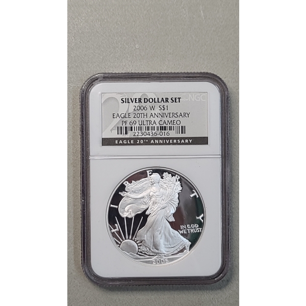 NGC 2006-W PF 69 ULTRA CAMEO 20th Anniversary 1 Troy Oz .999 Fine Silver American Eagle From Set
