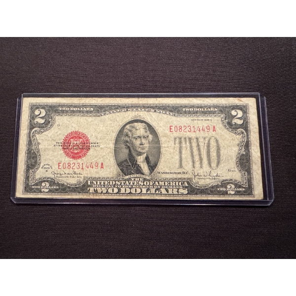 1928 United States Jefferson $2.00 Bill In Protective Holder
