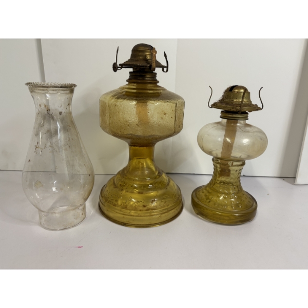 2 Glass Oil Lamps & 1 Chimney Globe