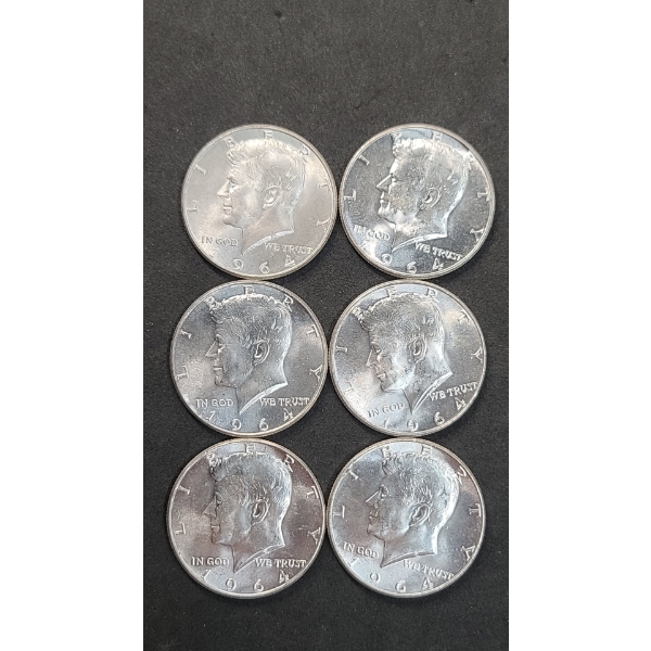 (6) United States 90% Silver Kennedy Half Dollars - AU Condition - Face Value: $3.00