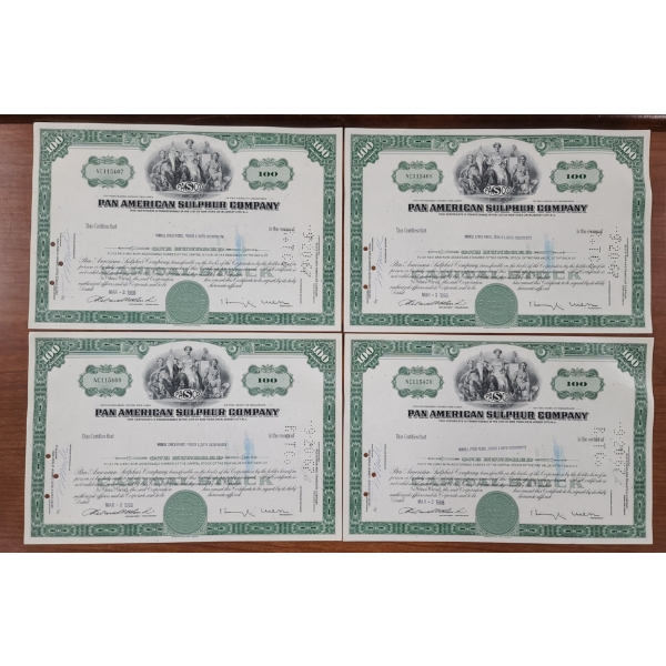 Lot of Four 1960's Pan American Sulphur Company 100 Shares Stock Certificates 