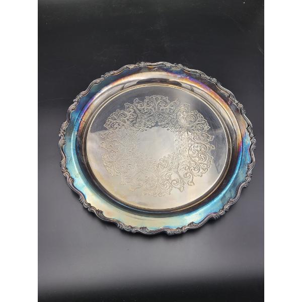Silver-plated Serving Tray with Floral Pattern & Scalloped Edge - 3.6 lbs
