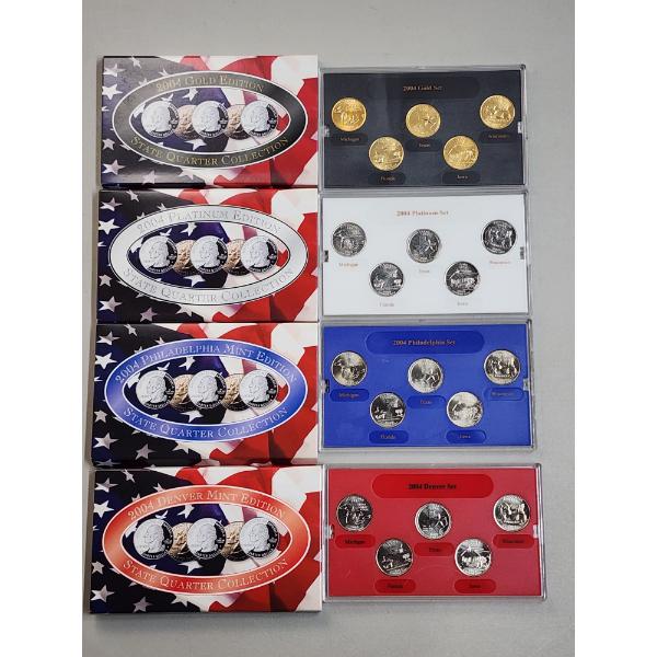 (4) 2004 State Quarter Collection Sets: Gold Edition/Platinum Edition/Philadelphia Mint/Denver Mint