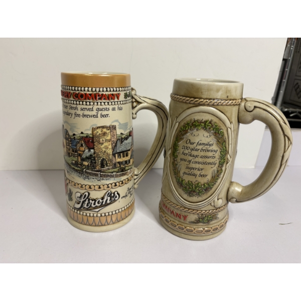 2 Beer Steins - Stroh's Brewing Company (2) - America's Only Fire-Brewed Beer