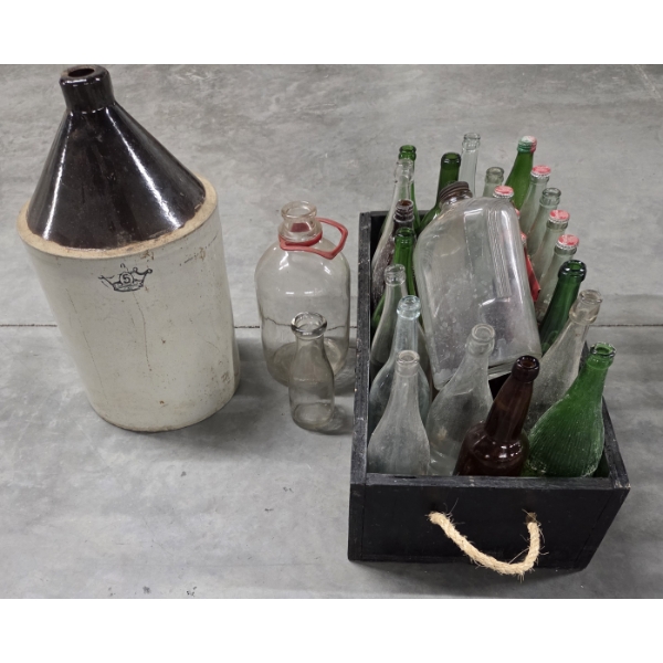 Blue Crown 20''x11.5'' Crock & 27''x13'' Handmade Wood Caddy With Vintage Glass Bottle Collection 