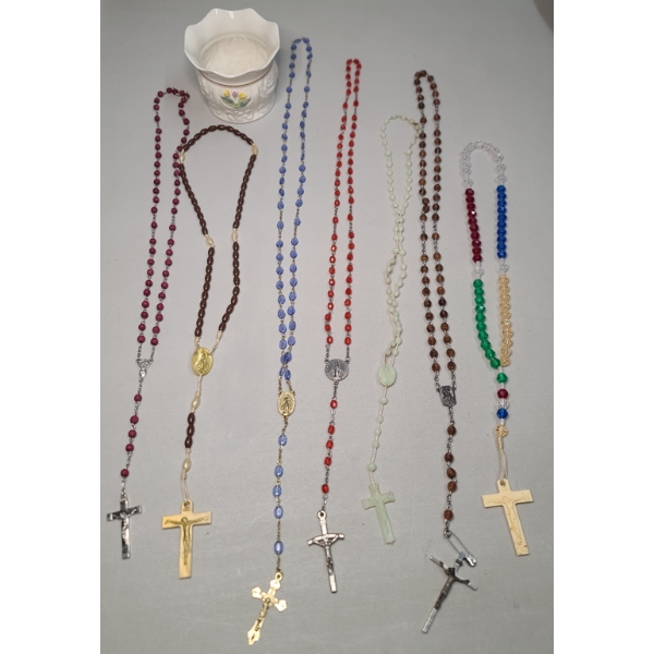 Collection Of Assorted Rosaries & Belleek Porcelain Tulip Votive