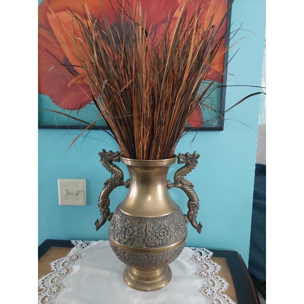 Vintage Brass Vase With Dragon Handles - 17" x 12" With Florals Shown