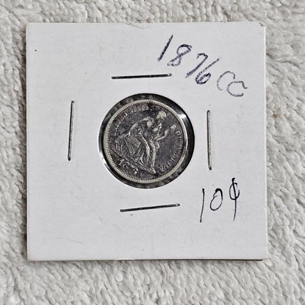 1876-CC Seated Liberty United States 90% Silver Dime Coin - 0.0723 oz. ASW