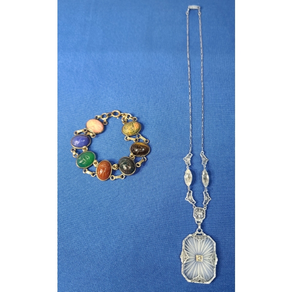 Vintage Van Dell Gold Filled Scarab Bracelet & Costume Art Deco Necklace