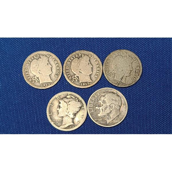 Assorted Years Silver Barber Dimes, Mercury Head Dime & Roosevelt Dimes - Face Value: $0.50