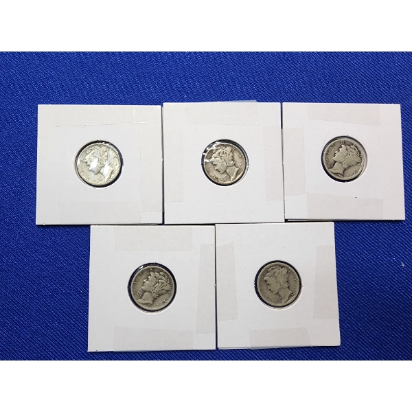 5 Silver Mercury Dimes FV: $0.50