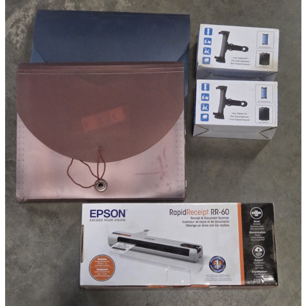 New Epson Rapid Receipt Printer/Scanner, Accordion Folders, & 2 Phone or Tablet Mounts
