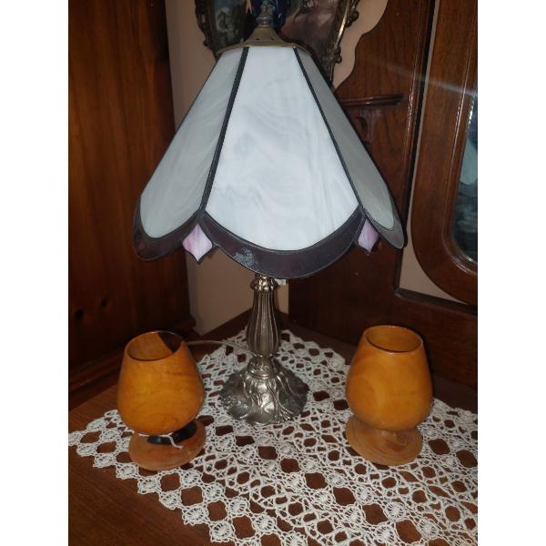 Stained Glass Panel Lamp & Set Of 2 Carved Teak wood Goblets - See PIcs