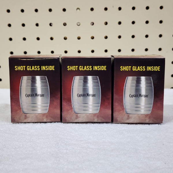 Three NEW in Original Packaging Barrel Captain Morgan Shot Glasses