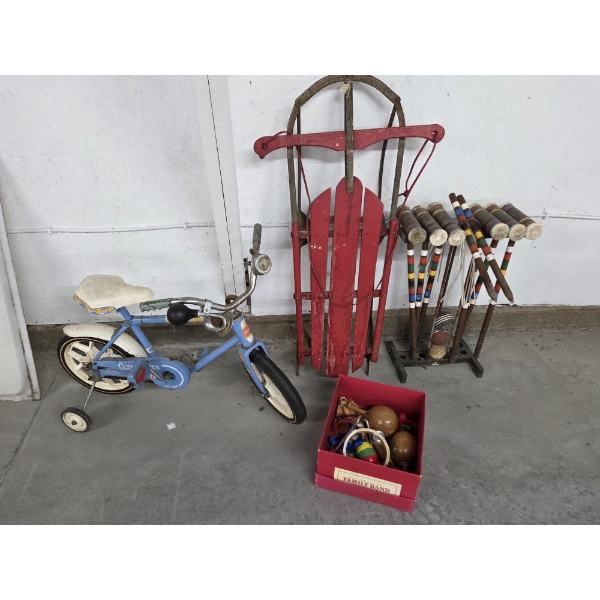 Large Collection Of Vintage Toys Including Care Bears Toddler Bike, Family Band Set, Croquet Set