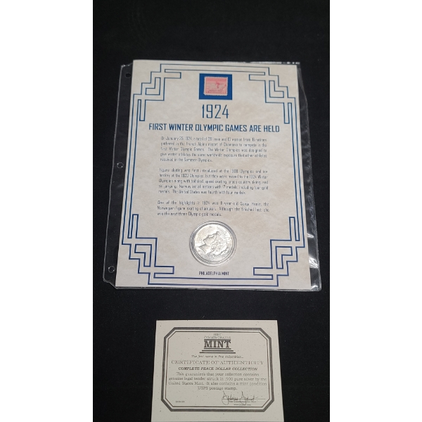 1924-P Silver Peace Dollar in First Commemorative Mint Display With Stamp