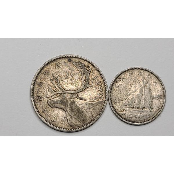 1942 Canadian 80% Silver 25-Cent Coin & 1946 80% Silver Canadian 10-Cent Coin