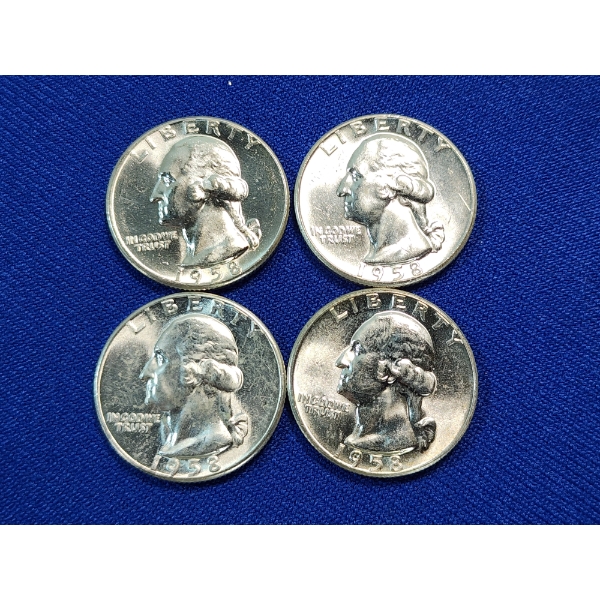x4 1958 Brilliant Uncirculated Washington Quarters - 90% Silver - FV: $1.00