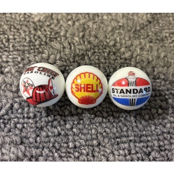 3 - Vintage Gas & Oil Advertising One Inch Shooter Marbles - Shell, Texaco & Standard
