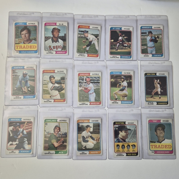 MINT 1974 TOPPS BASEBALL CARDS - 15 ASSORTED SLEEVED CARDS IN NEVER TOUCHED FRESH CONDITION 