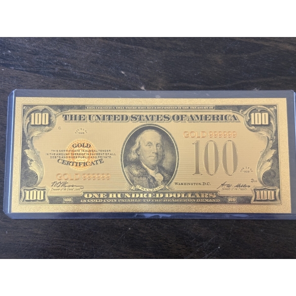 $100 Gold Certificate Gold Back .999999 - 24K Gold Back In Protective Holder - Mint Condition