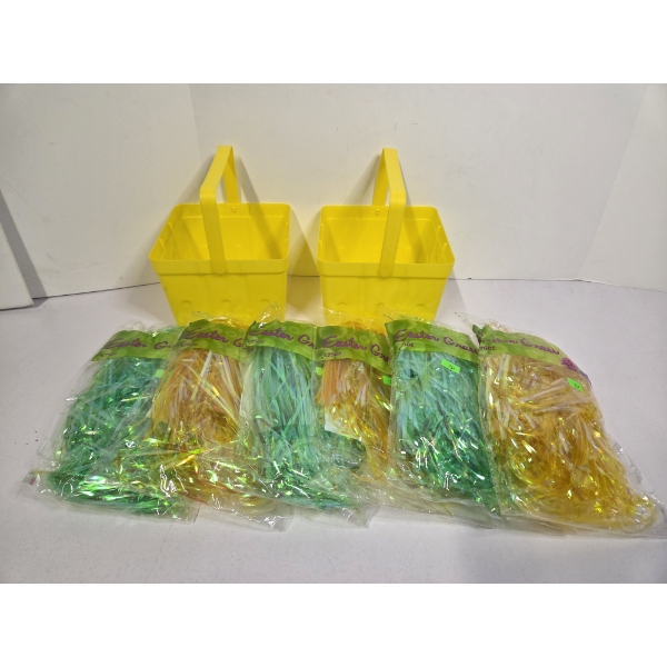 Two Brand New 6.5'' Easter Pails & Six 1.75 oz Packs Of Easter Grass