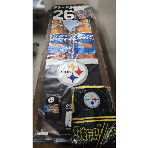 Steelers Backpack, Earmuffs, Jersey, Bud Light Sign and Towel