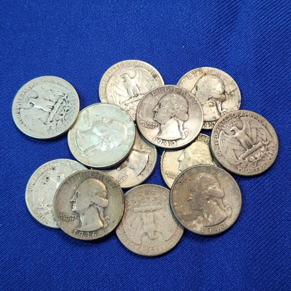 Lot of 12 Assorted Years 90% SILVER U.S. Quarters FV: $3.00