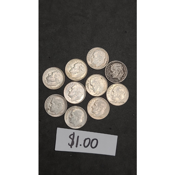 Assorted Years/Mint Marks 90% Silver Roosevelt Dimes - Face Value: $1.00