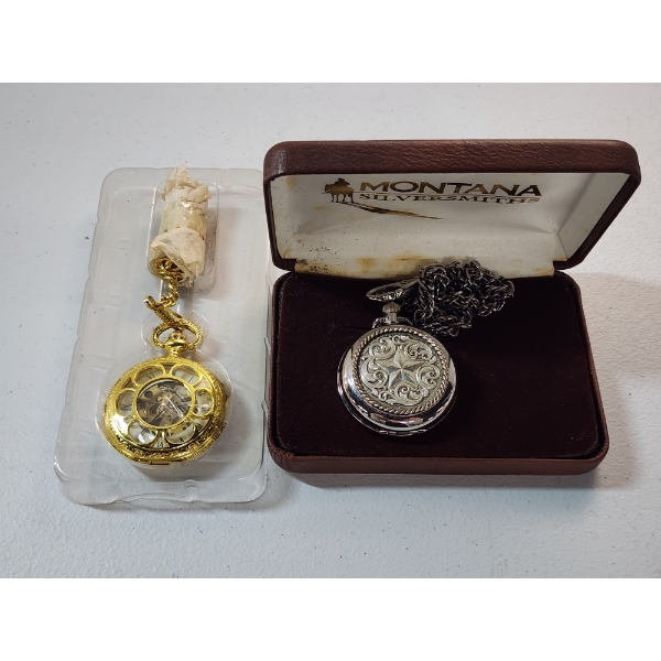 Two Pocket Watches: Gold-Tone Unique Open Design & Silver-Tone Montana Silversmiths Star Design