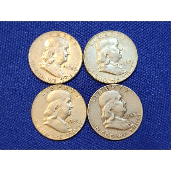 x4 Assorted Years 90% Silver Franklin Half Dollars - Face Value: $2.00