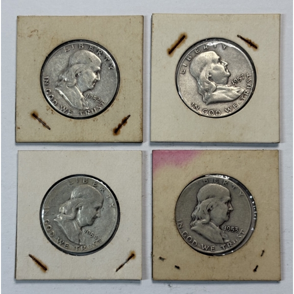 Lot of 4 Assorted Year 90% Silver Franklin Half Dollars, FV $2.00