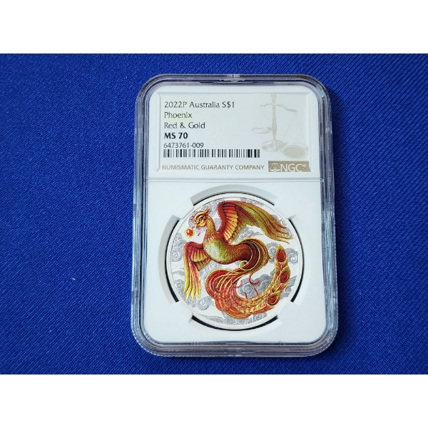 2022-P Australia Phoenix Colorized Red & Gold 1 oz .9999 Fine Silver $1 Coin NCG MS 70