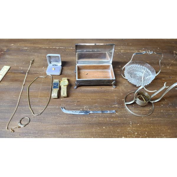 Lot Of Assorted Costume Jewelry, Watch Clip, Watches, Vintage Serving Ware & Memento Box