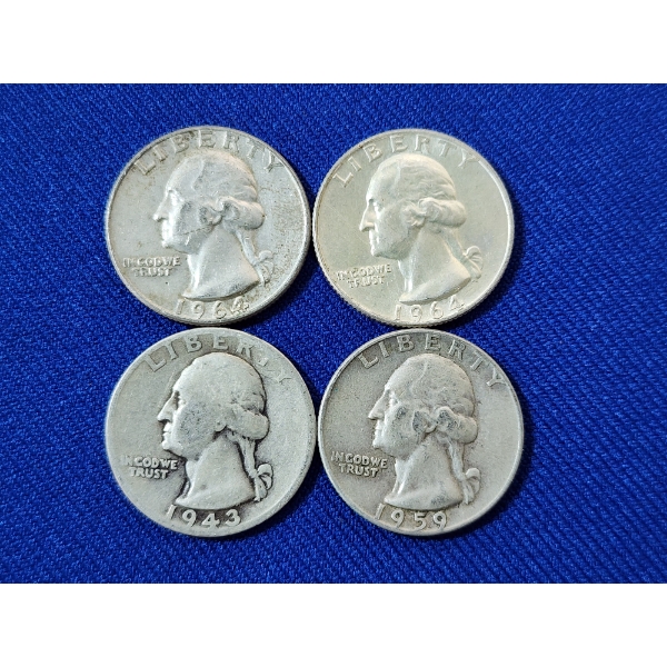 x4 Assorted Years U.S. 90% Silver Washington Quarters FV: $1.00