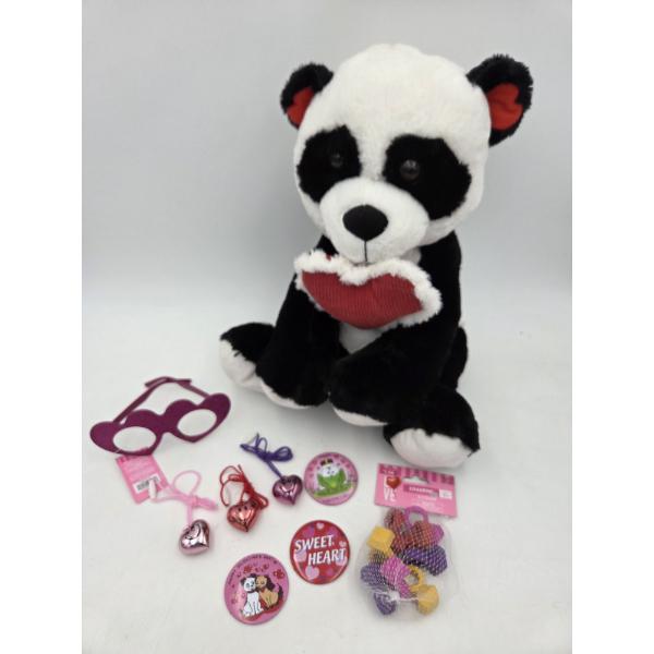 New 15'' Stuffed Bear, Glasses, Bag Of Mini Erasers, 3 Buttons & 3 Necklaces