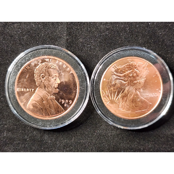 Lot of Two .999 Fine Copper AVDP Ounces in Cases - Walking Liberty Half & 1909-S VDB Penny DESIGNS!