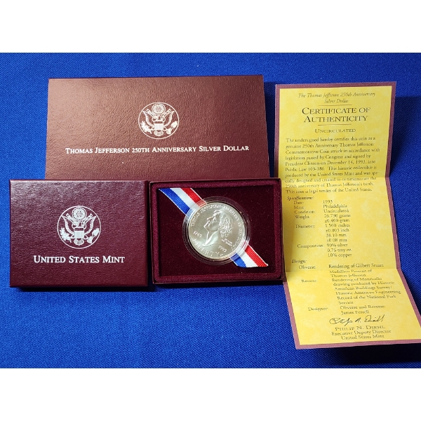 1993 Thomas Jefferson 250th Anniversary Silver Dollar 0.76 troy oz. 90% Silver Coin