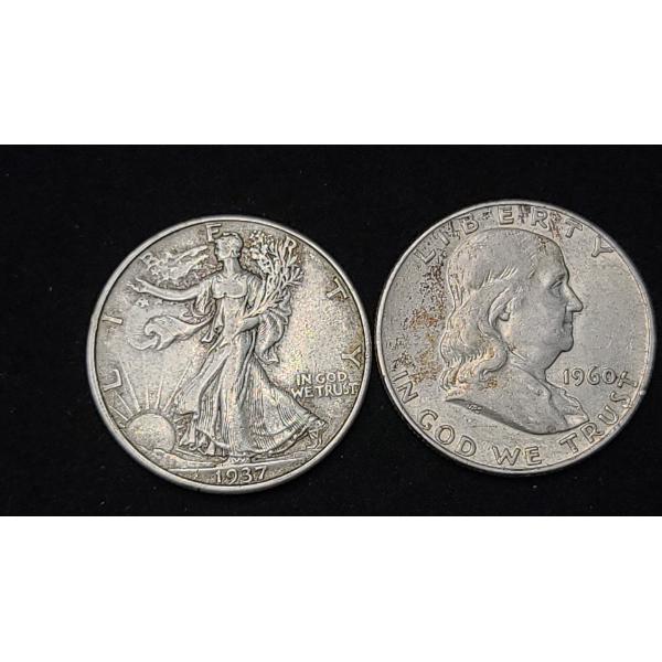 1937 90% Silver Walking Liberty Half Dollar & 1960 90% Silver Franklin Half Dollar - Face Value: $1