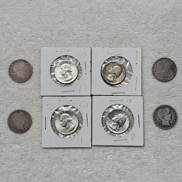 Collection of Vintage 90% Silver US Coins, including both Barber Quarters and Washington Quarters